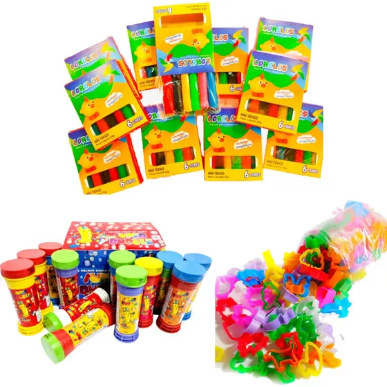 Kit Lembracinha Infantil 25 Massinha de Modelar + 25 Bolha de Sabão + 50 Cortadores Moldes Prenda
