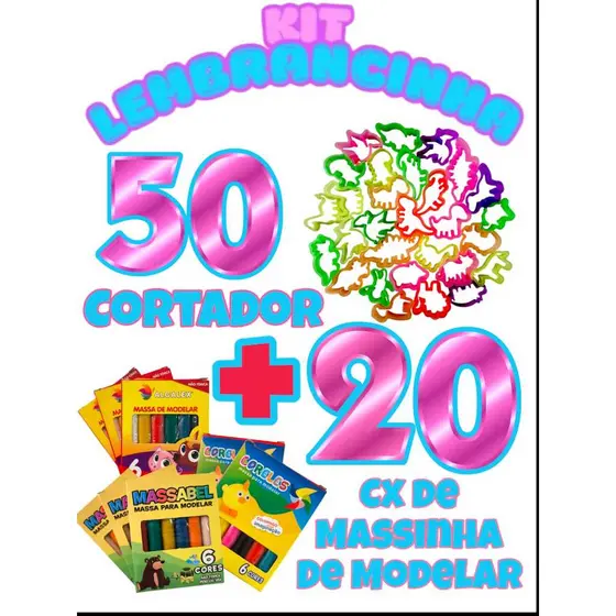 Kit 20 Caixinhas Massinha de Modelar + 50 Cortador Forminha Molde de Massinha Lembrancinha Prenda