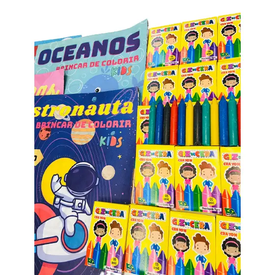 10 Revisitnha Livrinho Colorir + 10 cx Giz Cera 5 Cores P/ Lembrancinha Aniversario Prenda Quermesse