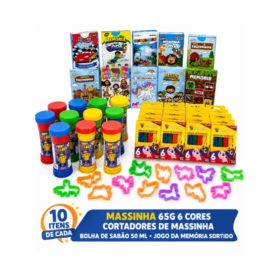 Kit Cxs 10 Massinha De Modelar + 10 Sabão + 10 Jogo Memoria Sortido + 20 Cortador Festa Lembrancinha