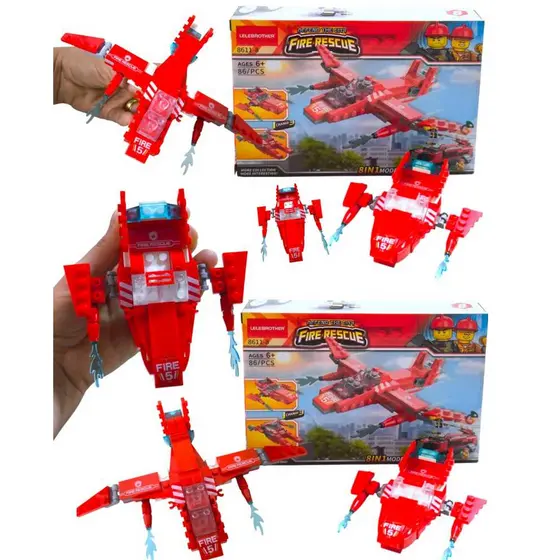 Bloco de Montar Avião de Bombeiro 86 Pçs Brinquedo de Montar Kit Festa Infantil Aniversário Criança