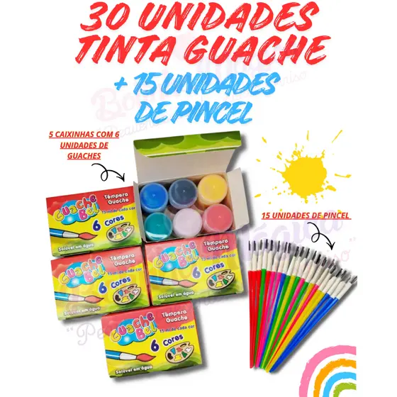 Kit  30 Unidades Tinta Guache15ml + 15 Unid. Pinceis Pintura Aquarela Escolar Lembrancinha Infantil