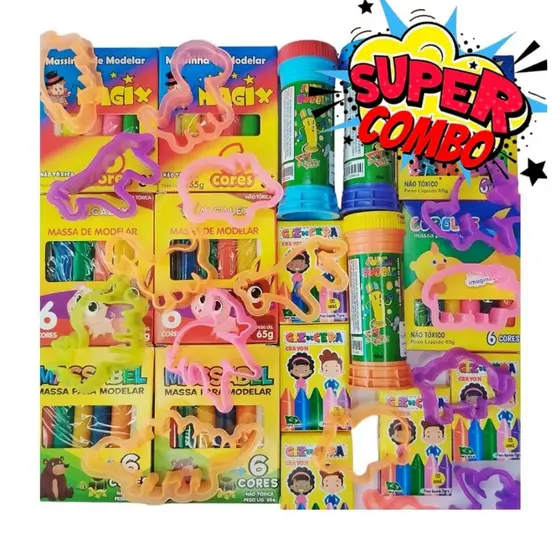 20 Massinha Modelar + 20 Bolha Sabão + 20 Giz De Cera + 40 Cortador Para Kit Festa Lembrancinha