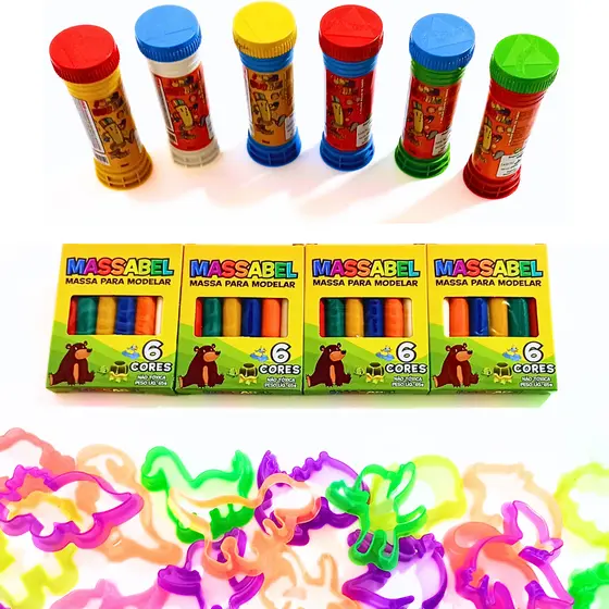 KIT LEMBRANCINHA 10 Massinha de Modelar + 10 Bolha de Sabao + 10 Cortador Lembrancinha Infantil