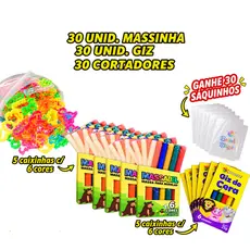 Kit 30 Unidades Massinha Modelar + 30 Unidades Giz+ 30 Cortadores + Ganhe 30 Saquinho Lembrancinha