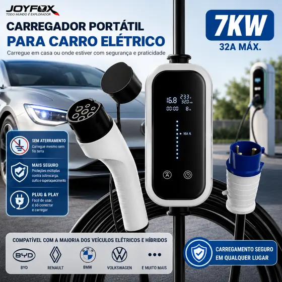 Carregador Para Carro Elétrico Portátil JOYFOX 7KW 32A Tipo 2 110V/220V Sem Aterramento com Display BYD