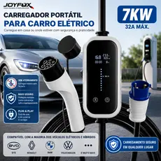 Carregador Para Carro Elétrico Portátil JOYFOX 7KW 32A Tipo 2 110V/220V Sem Aterramento com Display BYD