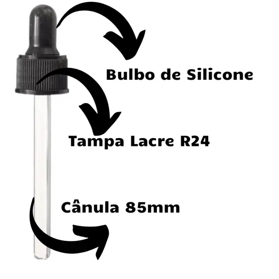 Conta Gotas Rosca R24, Cânula 85mm, Bulbo E Tampa Preta ou Branca - 20 Unidades