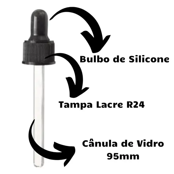 Conta Gotas Rosca R24, Cânula 95mm, Bulbo E Tampa Preta ou Branca - 20 Unidades