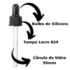 Conta Gotas Rosca R24, Cânula 95mm, Bulbo E Tampa Preta ou Branca - 20 Unidades