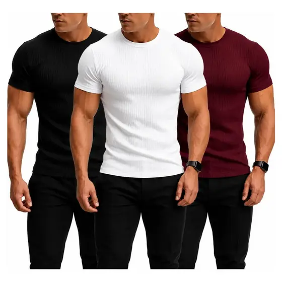 Kit 3 Camiseta Masculina Canelada Gringa Manga Curta Slim
