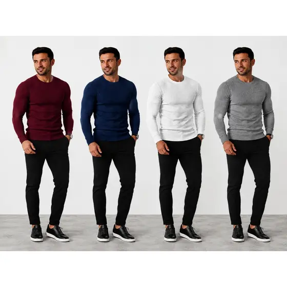 Kit Com 4 Camisas Slim Masculina Manga Longa Malha Canelada