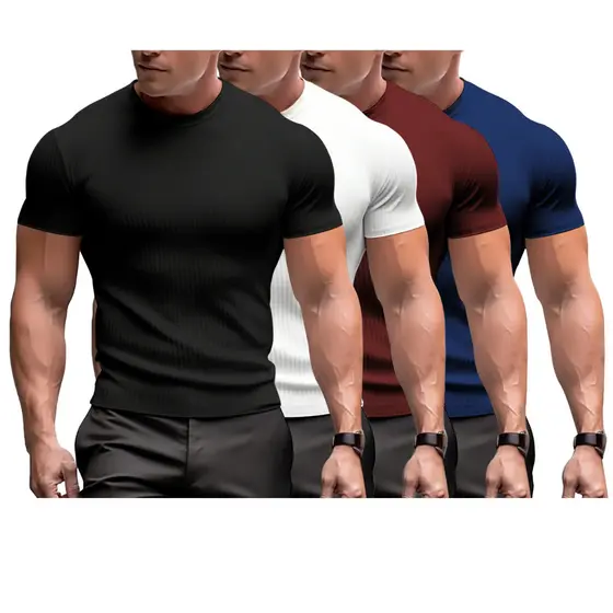 Kit 4 Camisa Masculina Malha Canelada Manga Curta Slim Luxo