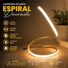 Luminaria de Mesa 15W Espiral 30 cm Moderna Dourada 3000K