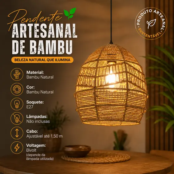 Luminária Pendente Bambu Natural Cúpula 30 cm Palha Trançada