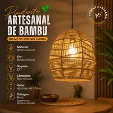 Luminária Pendente Bambu Natural Cúpula 30 cm Palha Trançada