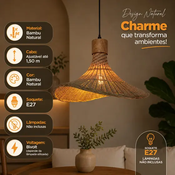 Luminária Pendente Bambu Natural 42 cm Palha Trançada