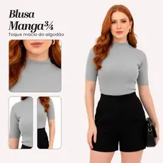 Blusa Gola Alta Ribana Canelada Manga 3/4 em Algod茫o - Camisa B谩sica Feminina Casual