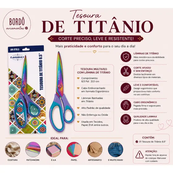 Tesoura Titânio Lanmax Titanium 21,5 CM Costura e Uso Geral