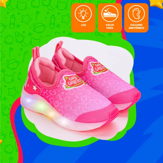 Tênis Infantil Com Luz e Led Kidy Light Fun Gato Galáctico Duda E Luna Oficial Rosa