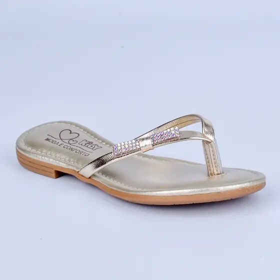 Sandália Rasteira Infantil Kidy Flat Ouro Laço Strass Anatômico Com 2 Pulseiras Delicada Menina