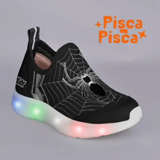 Tênis Infantil Menino Kidy Flex Light Luz Led Primeiros Passos Aranha Conforto Anatômico Divertido