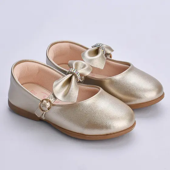Sapatilha Menina Kidy Baby Laço Strass Ouro Metalizada Fivela Casual Elegante Confortável Anatômica