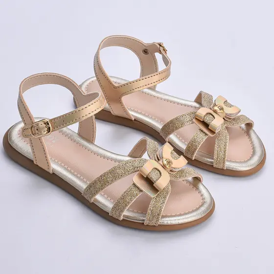 Sandália Infantil Menina Kidy Cristal Ouro Laço Brilho Confortável Delicada Antiderrpante