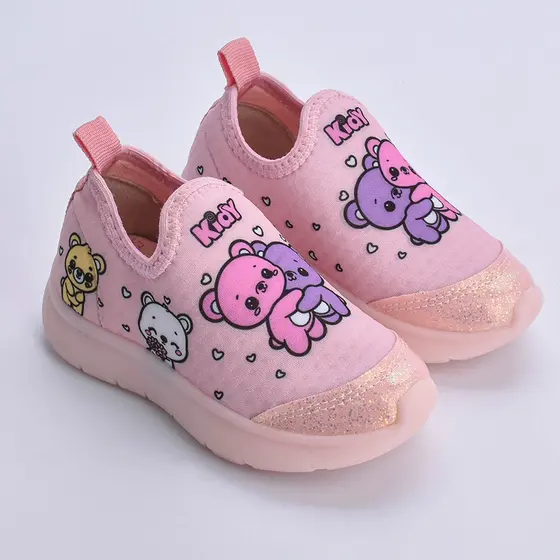 Tênis Infantil Kidy Flex Light Led Nude Calce Fácil Ursinho Leve Macio Antiderrapante