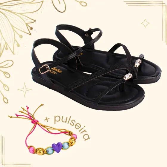 Sandália Rasteira Infantil Menina Flat Preta Belinha Enfeite Lesma Dourado Fashion Blogueira Moda