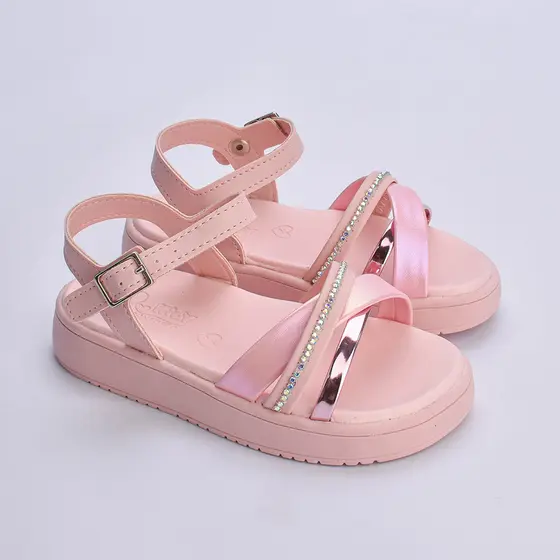 Sandália Infantil Menina Kidy Mini Flatform Nude Rosa Tiras Brilho Confortável Flexível Ajustável