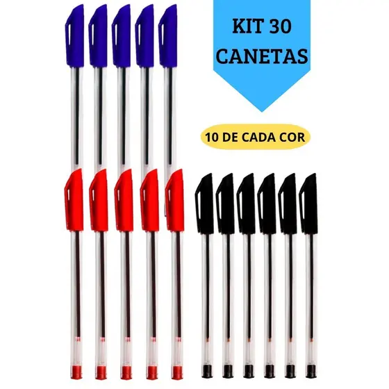 Kit 30 Canetas Esferográficas Ponta Média Simple Azul Preta Vermelha Escolar Escritório Leo&Leo