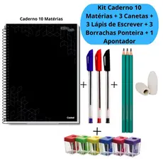 Kit Caderno 10 Matérias + 3 Canetas Simple + 3 Lápis de Escrever + 3 Borrachas Ponteira + 1 Apontador Colorido