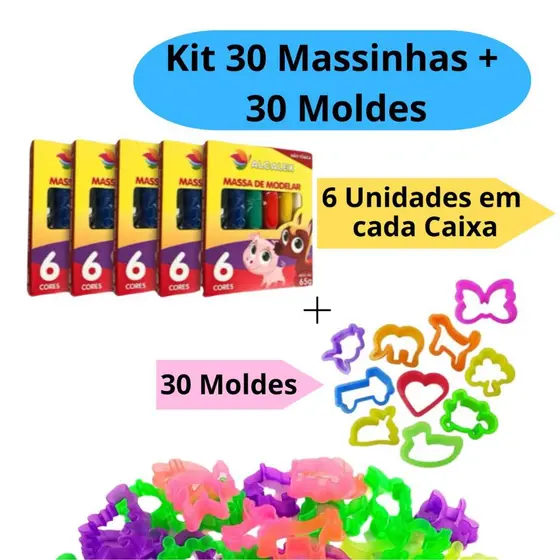 Kit 30 Unidades de Massinha de Modelar + 30 Forminha Molde Cortador Festa Criança Aniversário