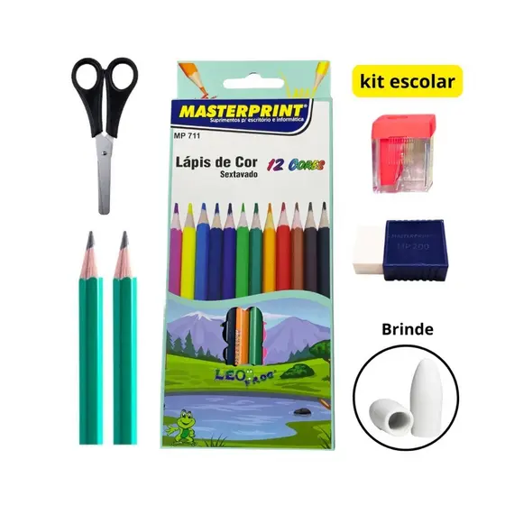 Kit Escolar Masterprint - Lápis 12 Cores+2 Lápis Escrever+Tesoura+ApontadorcomDepósito+BorrachacomCinta+Brinde(Ponteira)