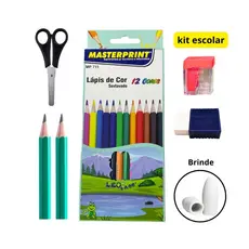 Kit Escolar Masterprint - Lápis 12 Cores+2 Lápis Escrever+Tesoura+ApontadorcomDepósito+BorrachacomCinta+Brinde(Ponteira)