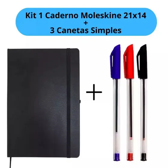 Kit Caderno Moleskine 21x14cm + 3 Canetas Simple Espiral Vermelha Preto Azul Escolar