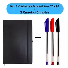 Kit Caderno Moleskine 21x14cm + 3 Canetas Simple Espiral Vermelha Preto Azul Escolar