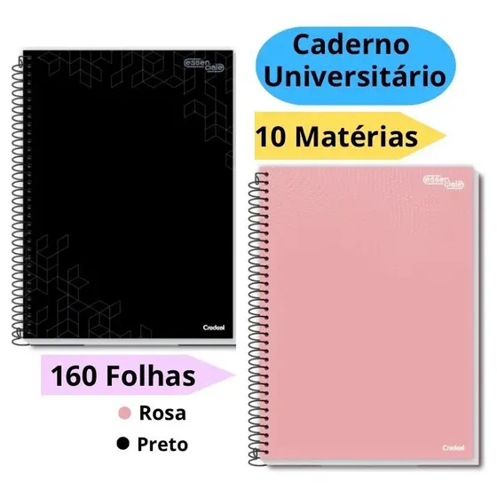 Kit 2 Cadernos Universitários Capa Dura 10 Matérias Com 160 Folhas Preto e Rosa Escolar Credeal