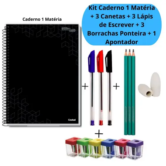 Kit Caderno 1 Matéria + 3 Canetas Simple + 3 Lápis de Escrever + 3 Borrachas Ponteira + 1 Apontador Escolar Colorido