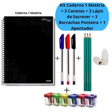Kit Caderno 1 Matéria + 3 Canetas Simple + 3 Lápis de Escrever + 3 Borrachas Ponteira + 1 Apontador Escolar Colorido