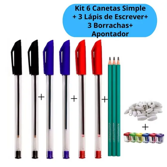 Kit 6 Canetas Simples duas de cada Cor + 3 Lápis de Escrever + 3 Borrachas Ponteira + 1 Apontador Leo&Leo