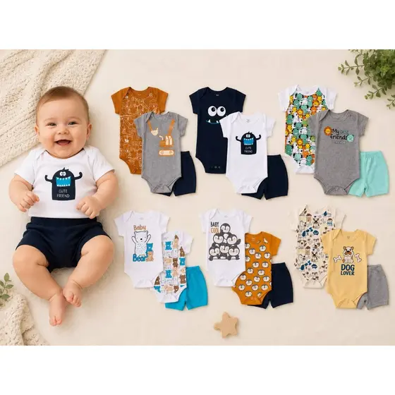 Kit Body 12 Peças Menino Sortido ou 6 Peças Menino Sortido Verão Roupa de Bebê Presente