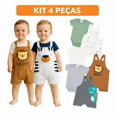 Kit 4 Peças Conjunto Jardineira Menino Manga Curta Sortido Roupa de Bebê Verão