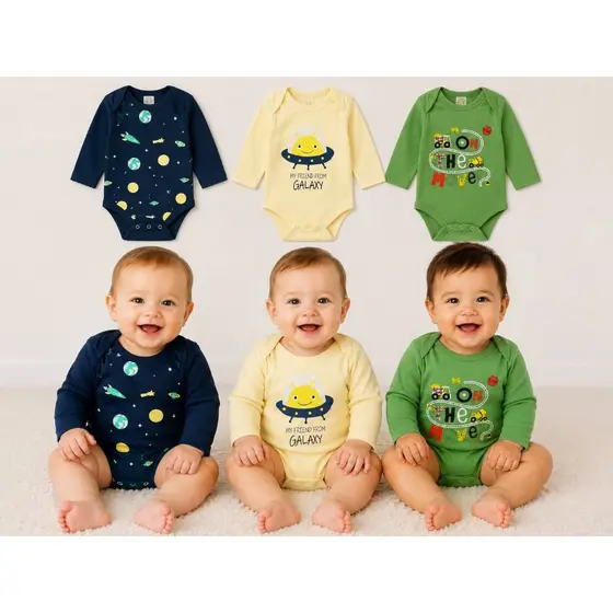 3 Body Bebê Manga Longa Com Estampas Menino e Menina