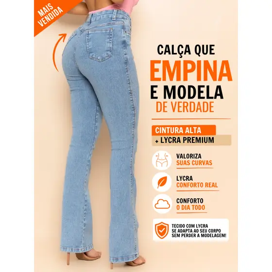 Calça Jeans Flare Boca De Sino Feminina Cintura Alta Modeladora Empina Bumbum com Lycra Premium