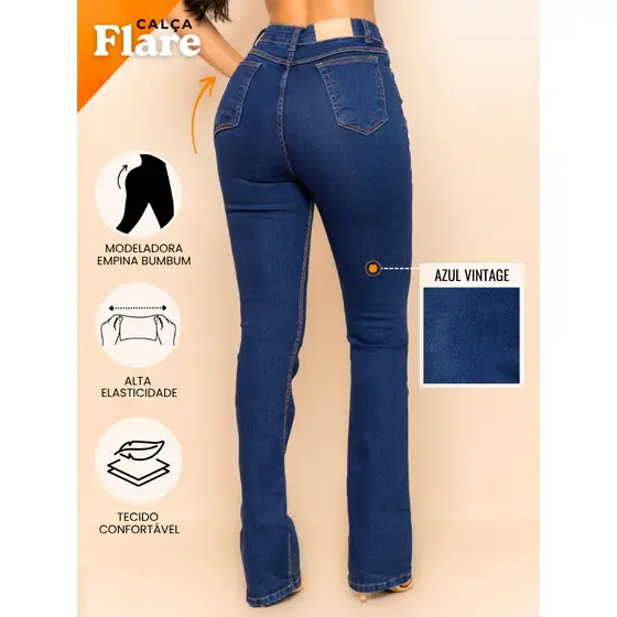 Calça Flare Boca de Sino Jeans Feminina Cintura Alta com Lycra Premium Modela e Empina Bumbum Casual