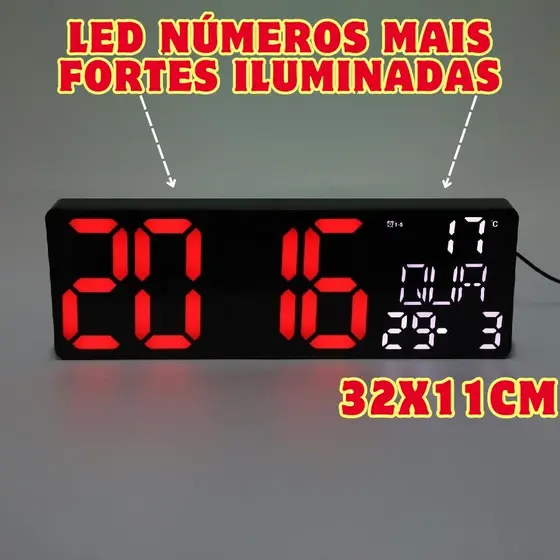 Relógio Digital 32x11Cm Multifuncional Com Calendário Mês Dia Ano E Temperatura Converter