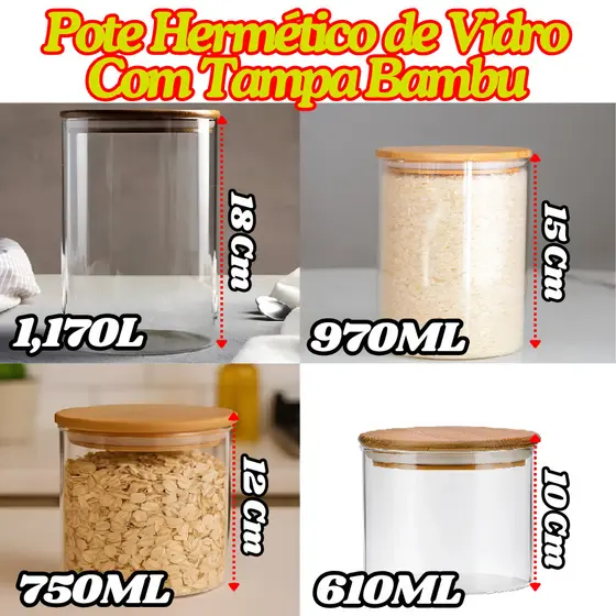 Pote De Vidro Hermético Com Tampa De Bambu Redondo Organizador Multiuso De Cozinha
