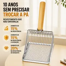 Pá Higiênica de Aço Inox 2 em 1 para Areia de Gatos – Peneira Fina Dupla, Cabo de Madeira, Antiderrapante, Fácil Limpeza